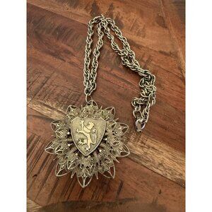Vintage large lion shield heraldic 1960s goldtone metal pendant necklace